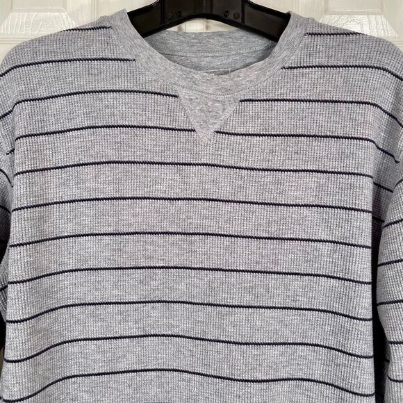 LL BEAN THERMAL TOP HEATHER GRAY w BLUE STRIPE L - Picture 3 of 6